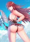 1girl 1girl alluring ass bikini bikini_bottom bikini_top cordelia_(fire_emblem) cordelia_(summer)_(fire_emblem) fire_emblem fire_emblem_awakening fire_emblem_heroes gloves hair_ornament looking_back nintendo red_eyes red_hair solo_female thighs zelc-face