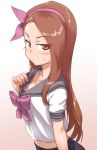  1girl blush bra brown_hair down_blouse downblouse female flashing hairband idolmaster long_hair minase_iori namco nipples red_eyes school_uniform shirt_pull skirt small_breasts ttomm underwear 