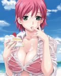 1girl bikini breasts cake cleavage doily female finger_to_mouth food green_eyes happoubi_jin iihara_nao large_breasts pastry pink_hair resort_boin see-through sexually_suggestive shirt short_hair sleeves_pushed_up slice_of_cake solo strawberry_shortcake sweat swimsuit tongue wet wet_clothes wet_shirt