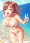 1girl 1girl 1girl ;d alluring beach bikini blue_sky breasts brown_eyes brown_hair cloud collarbone cowboy_shot dead_or_alive dead_or_alive_6 dead_or_alive_xtreme dead_or_alive_xtreme_2 dead_or_alive_xtreme_3 dead_or_alive_xtreme_3_fortune dead_or_alive_xtreme_beach_volleyball dead_or_alive_xtreme_venus_vacation hair_ornament high_res honoka honoka_(doa) leaning_forward long_hair looking_at_viewer mountain navel one_eye_closed one_side_up open_mouth rokko side-tie_bikini sky smile swimsuit tecmo v voluptuous wet wet_clothes wet_swimsuit white_bikini