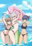  3_girls absurd_res alluring alternate_costume arms_up bare_shoulders big_breasts bikini black_bikini black_swimsuit blue_eyes blue_hair blush breast_tattoo breasts brown_eyes brown_hair cat_ears cat_girl chascoby choker cleavage core_crystal detailed_background eunie_(xenoblade) female_only fiery_hair high_res long_hair looking_at_viewer midriff mio_(xenoblade) monolith_soft navel nintendo ponytail pool_float sena_(xenoblade) short_hair side_ponytail silver_hair small_breasts swimsuit tattoo under_boob water wet white_bikini white_swimsuit wings xenoblade_(series) xenoblade_chronicles_3 yellow_eyes 