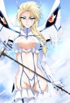  1girl absurdres biting blonde_hair blue_eyes boots braid breasts cleavage cleavage_cutout cosplay crossover disney elsa_(frozen) frozen_(movie) garter_straps hair_ornament hairclip highres junketsu kago-tan katana kill_la_kill kiryuuin_satsuki kiryuuin_satsuki_(cosplay) large_breasts lip_biting long_hair looking_at_viewer navel revealing_clothes single_braid solo suspenders sword thigh_boots thigh_gap thighhighs tsurime vector_trace weapon 