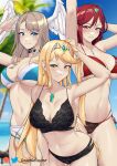 3_girls alluring arm_up arms_behind_head bangs bare_arms bare_shoulders big_breasts bikini black_bra black_choker black_panties blonde_hair blue_bikini blue_eyes blue_sky blush bra breasts brown_hair choker cleavage core_crystal cowboy_shot damodar day eunie_(xenoblade) female_only grin head_wings heroine heroines high_res long_hair looking_at_viewer milf multi-strapped_bikini multiple_girls mythra navel nintendo official_alternate_costume outside panties parted_lips posing pyra red_bikini red_eyes red_hair sarong sky smile standing stomach swimsuit thighs underwear underwear_only voluptuous wings wings_on_head xenoblade_(series) xenoblade_chronicles_2 xenoblade_chronicles_3 yellow_eyes