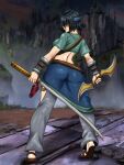  1girl ass back black_hair fighting_game hair_over_eyes katana kyunamaori legs long_hair midriff miser miser_(soul_calibur) project_soul shuriken soul_calibur soul_calibur_iii soulcalibur soulcalibur_iii standing sword weapon 