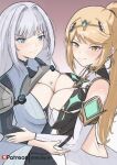 1girl 2_girls absurd_res alluring asymmetrical_bangs bangs bare_shoulders big_breasts blonde_hair blue_eyes blush breast_press breast_squish breast_tattoo breasts breasts_against_chest breasts_to_breasts chascoby cleavage closed_mouth core_crystal dress ethel_(xenoblade) female_only grey_clothing grey_jacket grin high_res holding_arms jacket long_hair looking_at_viewer mythra nintendo ponytail silver_hair smile tattoo tiara very_long_hair white_dress xenoblade_(series) xenoblade_chronicles_2 xenoblade_chronicles_3 yellow_eyes yuri