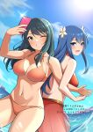  2_girls alluring alternate_costume big_breasts bikini blue_hair breasts caeda caeda_(fire_emblem) caeda_(summer)_(fire_emblem) cleavage female_only fire_emblem fire_emblem:_mystery_of_the_emblem fire_emblem:_shadow_dragon_and_the_blade_of_light fire_emblem_heroes grin long_hair multiple_girls namu_(112namu) nintendo ocean official_alternate_costume one_eye_closed orange_bikini orange_swimsuit oribe_tsubasa outside phone red_bikini red_swimsuit sarong see-through selfpic smartphone smile swimsuit teal_eyes teal_hair tokyo_mirage_sessions_#fe water wink 