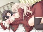  2girls bed black_hair blonde_hair blush bra breast_grab breast_sucking breasts futanari game_cg grabbing kawamura_reo lingerie long_hair multiple_girls nipples panties peko red_eyes sawaguchi_mai school_uniform sono_hanabira_ni_kuchizuke_wo thighhighs underwear yuri 