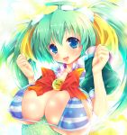  1girl bikini_top blue_eyes bow breast_rest breasts erect_nipples female food fruit green_hair huge_breasts large_breasts melon melon-chan melonbooks solo teruru twintails yellow_bow 