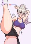  1girl alluring arm_behind_head ass ass_visible_through_thighs bare_arms bare_midriff big_breasts boots breasts corrin_(fire_emblem) corrin_(fire_emblem)_(female) fang female_only fire_emblem fire_emblem_fates grey_background grey_hair high_kick kick kicking leg_lift long_hair midriff nintendo open_mouth ponytail raydango red_eyes short_shorts slit_pupils smile sports_bra spread_legs tears thick_thighs workout 