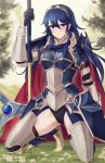  1girl alluring armor axe black_leotard blue_cape blue_eyes blue_hair breastplate cape closed_mouth doiparuni faulds fire_emblem fire_emblem_awakening fire_emblem_heroes high_res holding holding_axe leotard long_hair looking_at_viewer lucina lucina_(fate&#039;s_resolve)_(fire_emblem) lucina_(fire_emblem) nintendo no_pants official_alternate_costume outside red_cape smile symbol_in_eye tiara 