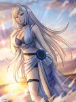  1girl alluring bare_legs beach big_breasts bikini blue_eyes cleavage ethel_(xenoblade) moonllita_(artist) nintendo ocean silver_hair sunset water xenoblade_(series) xenoblade_chronicles_3 