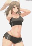  1girl alluring athletic_female big_breasts black_shorts blue_eyes bottomwear breasts brown_hair clothing eunie_(xenoblade) female_abs female_only fit_female gym_shorts gym_uniform hair nintendo shorts solo_female sports_bra thick_thighs thighs topwear wings_on_head xenoblade_(series) xenoblade_chronicles_3 zelc-face 