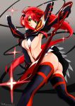 1girl ass breasts cosplay creator_connection grin highres imarikiriki kill_la_kill kirikirimai_(kkm) long_hair matoi_ryuuko matoi_ryuuko_(cosplay) red_hair revealing_clothes scissor_blade senketsu smile solo tengen_toppa_gurren-lagann thighhighs underboob weapon yellow_eyes yoko_littner