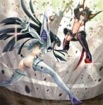  angry ass battle black_hair bob_cut breasts clenched_teeth destruction highres hime_cut junketsu kill_la_kill kiryuuin_satsuki kotatsu_(artist) large_breasts long_hair mankanshoku_mako matoi_ryuuko multicolored_hair senketsu smile sword thong two-tone_hair weapon 