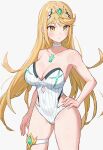  1girl 1girl alluring big_breasts blonde_hair blush breasts closed_mouth collarbone commentary_request core_crystal_(xenoblade) earrings hand_on_own_hip high_res jewelry long_hair mythra one-piece_swimsuit simple_background swimsuit thigh_strap tiara white_background xenoblade_(series) xenoblade_chronicles_2 yellow_eyes yomizu_(rdad3278) 