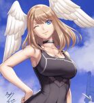  1girl alluring artist_name bare_arms bare_shoulders big_breasts black_bodysuit black_shirt black_tank_top black_topwear blue_eyes bodysuit breast_tattoo breasts brown_hair choker eiwa eunie_(xenoblade) female_only hand_on_hip hourglass_figure navel nintendo sideboob signature sky slim slim_waist smile tank_top upper_body wings wink xenoblade_(series) xenoblade_chronicles_3 