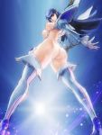 1girl ass back-seamed_legwear black_hair blue_eyes boots breasts coin_(artist) eyebrows high_heel_boots high_heels junketsu katana kill_la_kill kiryuuin_satsuki komoesuta_coin long_hair looking_at_viewer looking_back looking_down nipples revealing_clothes seamed_legwear sword thighhighs thighs topless trigger_(company) very_long_hair weapon white_legwear