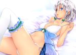 1girl blue_eyes bow braid breasts chikado cleavage collarbone female frills garters hair_bow izayoi_sakuya legs lingerie long_legs lying maid maid_headdress midriff navel negligee on_back open_mouth panties short_hair side-tie_panties sideboob silver_hair solo thighhighs touhou twin_braids underwear white_legwear white_panties