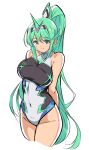  1girl 1girl 1girl absurd_res alluring bangs bare_arms bare_legs bare_shoulders big_breasts breasts competition_swimsuit covered_navel cowboy_shot earrings green_eyes green_hair high_res jewelry long_hair long_ponytail looking_at_viewer nintendo one-piece_swimsuit pneuma_(xenoblade) ponytail simple_background smile swept_bangs swimsuit tiara very_long_hair white_background xenoblade_(series) xenoblade_chronicles_2 yuuuun0218 