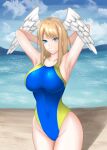  1girl alluring angel_wings arms_behind_head bare_legs beach big_breasts bikini blue_eyes breasts brown_hair cleavage confident covered_navel eunie_(xenoblade) legs looking_at_viewer nintendo ocean one-piece_bikini one-piece_swimsuit pose posing sensual short_hair sideboob smile swimsuit thighs water wings xenoblade_(series) xenoblade_chronicles_3 