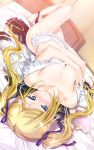  1girl apron bed black_panties blonde_hair blue_eyes blush breasts cum cum_on_body cum_on_breasts cum_on_upper_body female hair_ribbon happoubi_jin kanojo_x_kanojo_x_kanojo lying naked_apron nipple_slip nipples orifushi_mafuyu panties panties_around_leg ribbon solo twintails underwear 