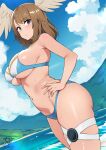  1girl alluring angel_wings beach big_breasts bikini blue_bikini blue_eyes breasts brown_hair eunie_(xenoblade) female_only hand_on_hip high_res kaos_art looking_at_viewer navel nintendo ocean pose posing sarong sensual sideboob swimsuit thong_bikini water wings wings_on_head xenoblade_(series) xenoblade_chronicles_3 