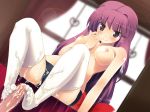 1girl assertive black_panties blush breasts cameltoe censored cum cum_on_body cum_on_lower_body ejaculation feet female footjob lingerie nipples panties patchouli_knowledge penis purple_eyes purple_hair sitting smile solo_focus teruteru-deru thighhighs touhou underwear white_legwear