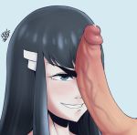 1girl animated bangs black_hair blue_eyes eyebrow_job eyebrows facejob gif grin hair_ornament hairclip kill_la_kill kiryuuin_satsuki large_penis long_hair loop penis penis_on_face precum randomboobguy smile solo_focus thick_eyebrows uncensored veins veiny_penis what