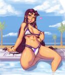  1girl 2024 beach_background bikini blackfire blush breasts dc_comics female female_focus female_only flashing flashing_breasts foot_in_water heart komand&#039;r l0ngsword long_hair looking_at_viewer navel nipple_piercing nipples older older_female pool poolside purple_bikini purple_eyes purple_hair solo striped_bikini striped_swimsuit swimsuit teen_titans thick_thighs thighs water white_bikini young_adult young_adult_female young_adult_woman 