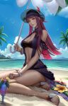  1girl 1girl alluring alternate_costume beach blue_one-piece_swimsuit blue_swimsuit breasts casual_one-piece_swimsuit cleavage clothing_cutout dress_swimsuit female_only fire_emblem fire_emblem_engage fire_emblem_heroes flower flower_umbrella hat hat_flower high_res ivy_(fire_emblem) ivy_(summer)_(fire_emblem) long_hair looking_at_viewer medium_breasts nibelart nintendo ocean official_alternate_costume one-piece_swimsuit outside sand see-through_headwear smile stomach_cutout sun_hat swimsuit tropical_drink umbrella_flower 