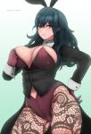 1girl 1girl 1girl absurd_res alluring animal_ears artist_name bangs big_breasts black_jacket blue_background blue_eyes blush breasts brown_legwear bunny_ears bunny_girl bunnysuit byleth_(fire_emblem) byleth_(fire_emblem)_(female) cleavage clothing_cutout cowboy_shot eyebrows_behind_hair fake_animal_ears female_focus female_only fire_emblem fire_emblem:_three_houses framed_breasts gradient gradient_background hair_between_eyes hand_on_hip high_res jacket leggings leotard long_hair long_sleeves looking_at_viewer navel navel_cutout nintendo pantyhose parted_lips patterned_clothing playboy_bunny purple_leotard sidelocks simple_background standing strapless strapless_leotard teal_hair waistcoat wrist_cuffs zelc-face