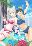  2_girls alluring bikini blue_hair brown_eyes cat_ears cat_girl core_crystal grey_hair medium_breasts mio_(xenoblade) navel nintendo pool sena_(xenoblade) small_breasts swimsuit xenoblade_(series) xenoblade_chronicles_3 yellow_eyes 