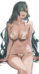 1girl 1girl alluring alternate_costume aqua_hair bare_legs bare_shoulders big_breasts bikini braid breasts chloe_(fire_emblem) cleavage collarbone cowboy_shot earrings eyebrows_hidden_by_hair eyes_visible_through_hair facing_viewer fire_emblem fire_emblem_engage floral_print green_eyes halterneck high_res j@ck jewelry long_hair looking_to_the_side navel nintendo nose open_mouth side-tie_bikini_bottom sidelighting simple_background sitting smile string_bikini swimsuit teardrop_earring teeth thighs tsurime upper_teeth_only very_long_hair white_background white_bikini