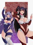 2_girls alluring alternate_costume alternate_hairstyle bangs bare_thighs big_breasts black_hair breasts camilla_(fire_emblem) cleavage cleavage_cutout cosplay female_only fire_emblem fire_emblem_awakening fire_emblem_fates grey_eyes grin hair_over_one_eye ihsnet inner_thighs long_hair mask milf milfs nintendo purple_eyes purple_hair smile stockings tharja tharja_(fire_emblem) thighs twin_tails wrestler