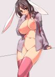 animal_ears areolae black_hair blush breasts bunny_ears female gen_(black_factory) hood hoodie huge_breasts long_sleeves naked_hoodie original original_character pink_legwear plump red_eyes short_hair simple_background sleeves_past_wrists smile solo thighhighs uncensored