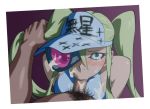  1boy 1girl :&gt;= blush censored cum facial fellatio hair_grab hakodate_omiko kill_la_kill male_pubic_hair oral penis pov pubic_hair scope tears translation_request twintails visor visor_cap yuuya_(yu-ya&#039;s) 