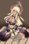 1girl arms_up bdsm blonde_hair bondage bound breasts cleavage dairiseki dark_skin female fuurai_no_shiren green_eyes hakaba_(dairiseki) huge_breasts kamina_(fns) kamina_(shiren_the_wanderer) long_hair navel prisoner rope solo tied tied_up