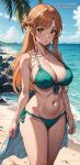 1girl ai_generated anime anime_style asuna_(sao) beach big_breasts bikini brown_eyes brown_hair green_bikini sword_art_online voluptuous_female yuuki_asuna