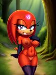 ai_generated black_gloves black_legwear blue_eyes breasts cleft_of_venus completely_nude completely_nude_female female_focus forest furry furry_female looking_at_viewer naughty_face navel nipples nude nude_female pussy seductive_smile sega shade_the_echidna slut sonic sonic_the_hedgehog_(series) whore