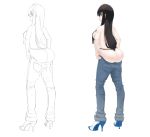  1girl anger_vein angry ass black_hair black_panties blue_eyes breasts burakku-ra coyotegti denim dressing eyebrows high_heels highres huge_ass jeans kill_la_kill kiryuuin_satsuki long_hair looking_at_viewer looking_back panties pants pants_pull pulled_by_self sideboob sketch solo stiletto_heels thong undersized_clothes underwear white_background 