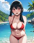 1girl ai_generated beach big_breasts bikini black_hair female_only fit_female light-skinned_female light_skin ocean palm_tree red_eyes solo_female spy_x_family voluptuous_female yor_briar yor_forger