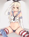 1girl blush cameltoe elbow_gloves female gloves kantai_collection kutan long_hair lowleg navel partially_visible_vulva personification sailor_collar salute shimakaze_(kantai_collection) sitting solo thighhighs thong