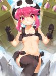 1girl armpit_holster belt black_gloves black_legwear blush breasts collarbone cute gloves grin hat highres holster jakuzure_nonon kill_la_kill looking_at_viewer multishot_rocket_launcher navel nonon_jakuzure nude nudist_beach_uniform payot pink_eyes pink_hair rocket_launcher short_hair sidelocks skull_print smile solo spoilers suika01 thighhighs underboob utility_belt weapon