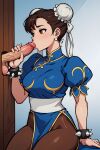  1boy 1girl ai_generated brown_eyes brown_hair capcom chinese_clothes chun-li erection fellatio glory_hole male/female oral penis penis_grab street_fighter sucking_penis testicle veiny_penis 