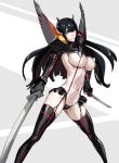  1girl bangs black_hair breasts dual_wielding highres kill_la_kill kiryuuin_satsuki large_breasts long_hair makacoon microskirt midriff navel revealing_clothes senketsu skirt solo sword underboob weapon 