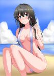  1girl alluring beach black_hair blue_eyes blue_sky konoyan medium_breasts ocean silf sling_bikini yahari_ore_no_seishun_lovecome_wa_machigatteiru. yukinoshita_yukino 