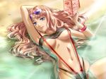  1girl bikini blonde_hair blue_eyes bracelet breasts cleavage crotch_zipper erect_nipples female jewelry large_breasts lying macross macross_frontier makisige on_back paper_airplane pink_hair sand sheryl_nome sling_bikini solo sunglasses swimsuit underboob unzipped water zipper 