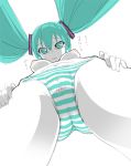 1girl aqua_eyes aqua_hair breasts cameltoe female_only from_below kanzaki_muyu long_hair looking_at_viewer looking_down miku_hatsune navel nipples pale_skin panties panty_focus pantyshot perspective price_tag shimapan simple_background sketch solo_female standing striped striped_panties tears text topless translated twin_tails underwear viewed_from_below vocaloid white_background yufu