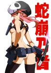 1girl alternate_costume armpit_holster ass back belt black_gloves black_legwear breasts character_name gloves hat highres holster jakuzure_nonon kill_la_kill knife looking_back miyabi_(miura105) nonon_jakuzure nude nudist_beach_uniform payot pink_eyes pink_hair short_hair sideboob sidelocks simple_background skull_print smile solo spoilers thighhighs uniform utility_belt white_background