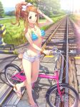  1girl banned_artist bicycle bikini bikini_top blush bow bracelet breasts brown_eyes brown_hair female hair_bow hair_ornament hair_ribbon hairclip ilog jewelry legs long_hair mana_kakkowarai mole mole_under_eye necklace open_shoes original ponytail railroad_crossing railroad_tracks ribbon sandals shading_eyes short_shorts shorts smile solo striped striped_bikini striped_swimsuit swimsuit 